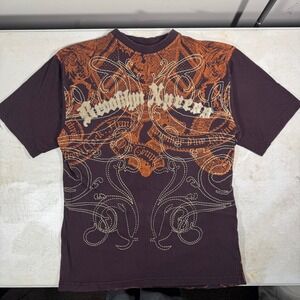 Y2K Brooklyn Xpress AOP T-Shirt Mens Large Brown Orange Streetwear Grunge Cotton